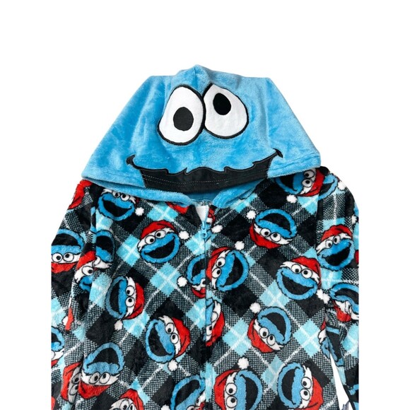 C201 Sesame Street Cookie Monster One Piece Pajamas Santa Hat Blue Size Small - Picture 3 of 5
